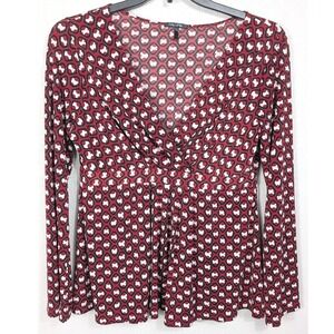 Daisy Fuentes Blouse Women Large‎ Red Geometric Faux Wrap Long Sleeve Top L